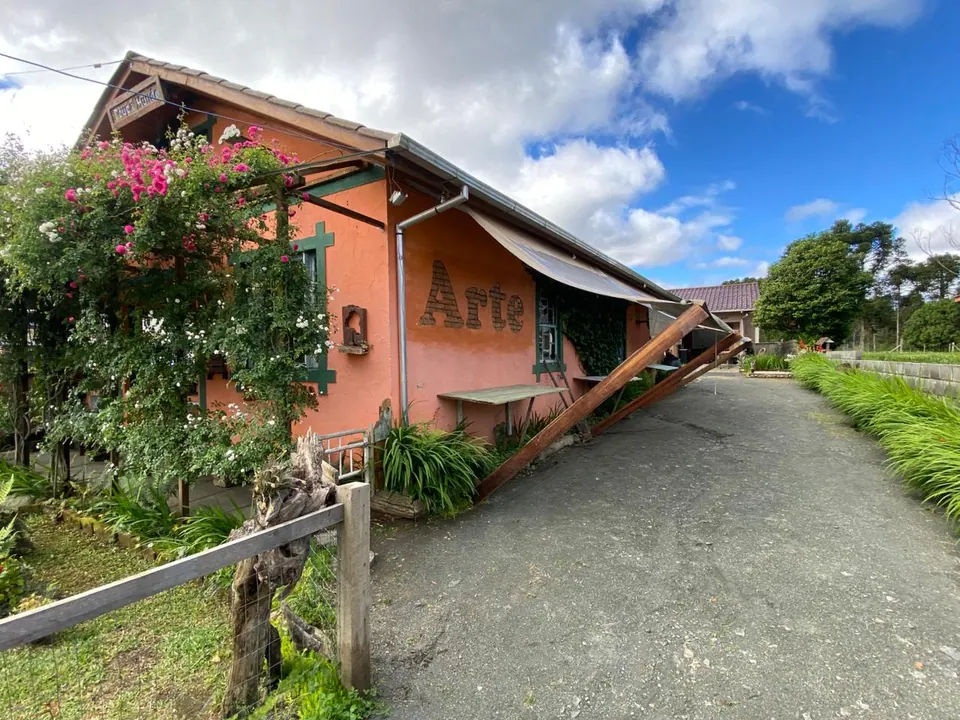 Lateral da casa com flores, toldo e caminho de cascalho