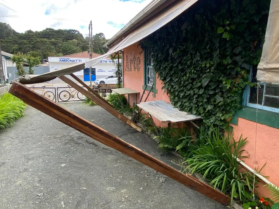Lateral da loja com trepadeira, toldo e estrutura de madeira